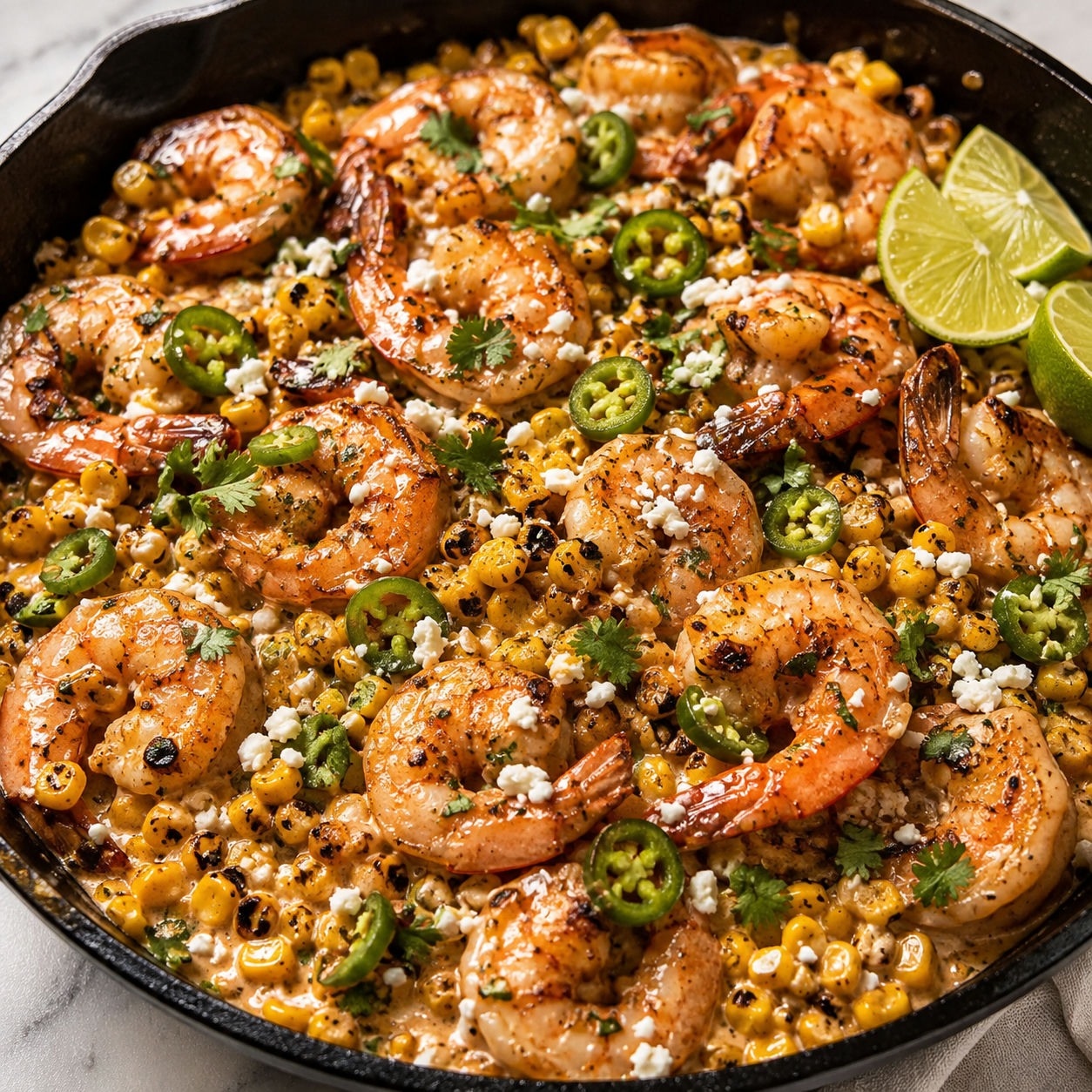 Cilantro-lime shrimp and charred corn in a cast iron skillet