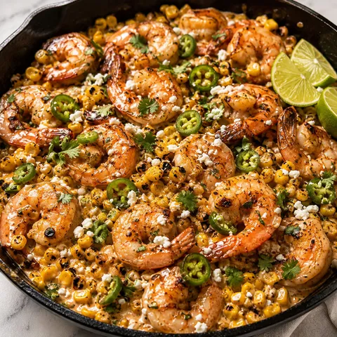 Cilantro-lime shrimp and charred corn in a cast iron skillet