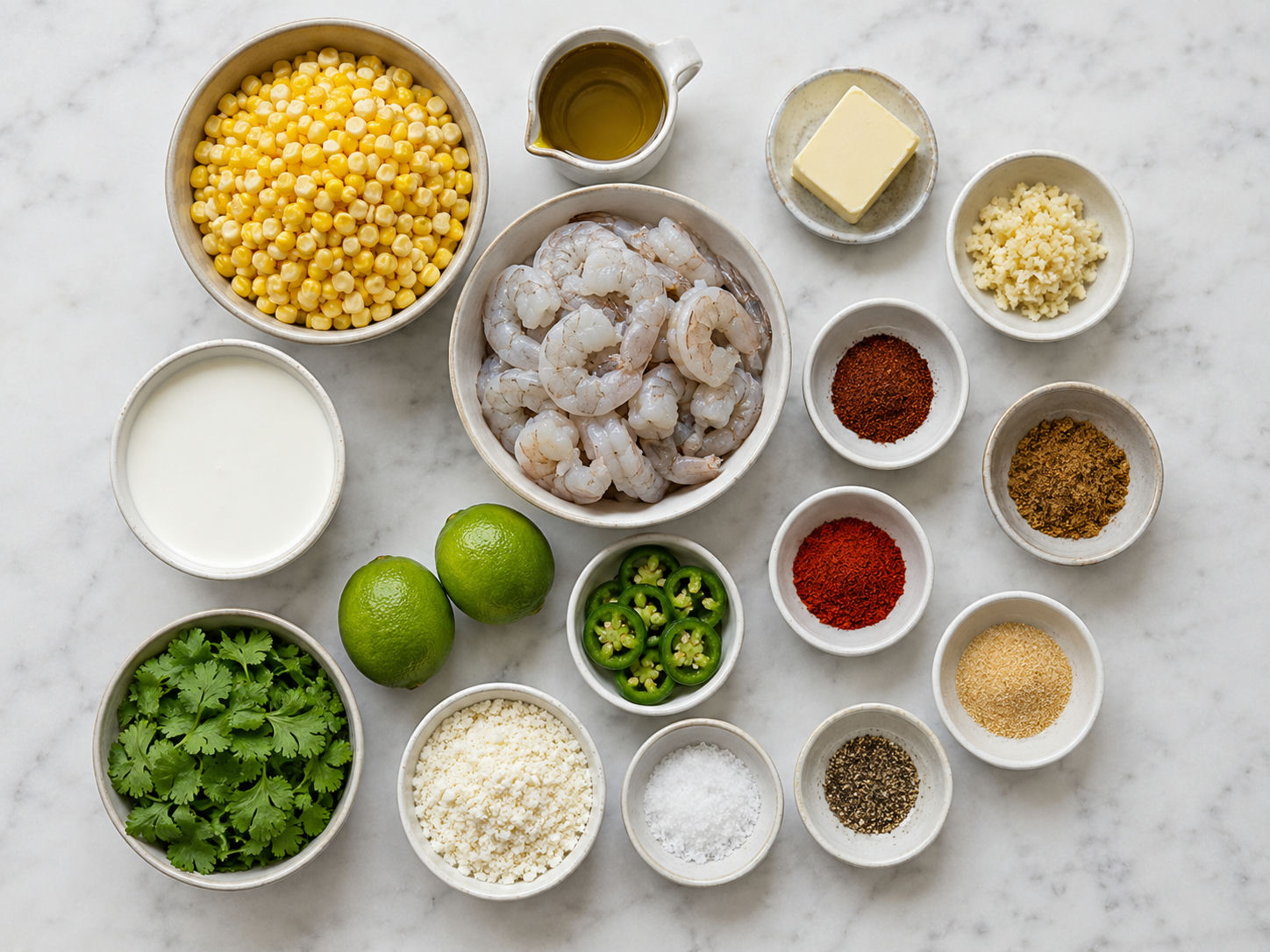 Raw shrimp, corn, lime, cilantro, spices, cream, and cotija for a skillet dinner