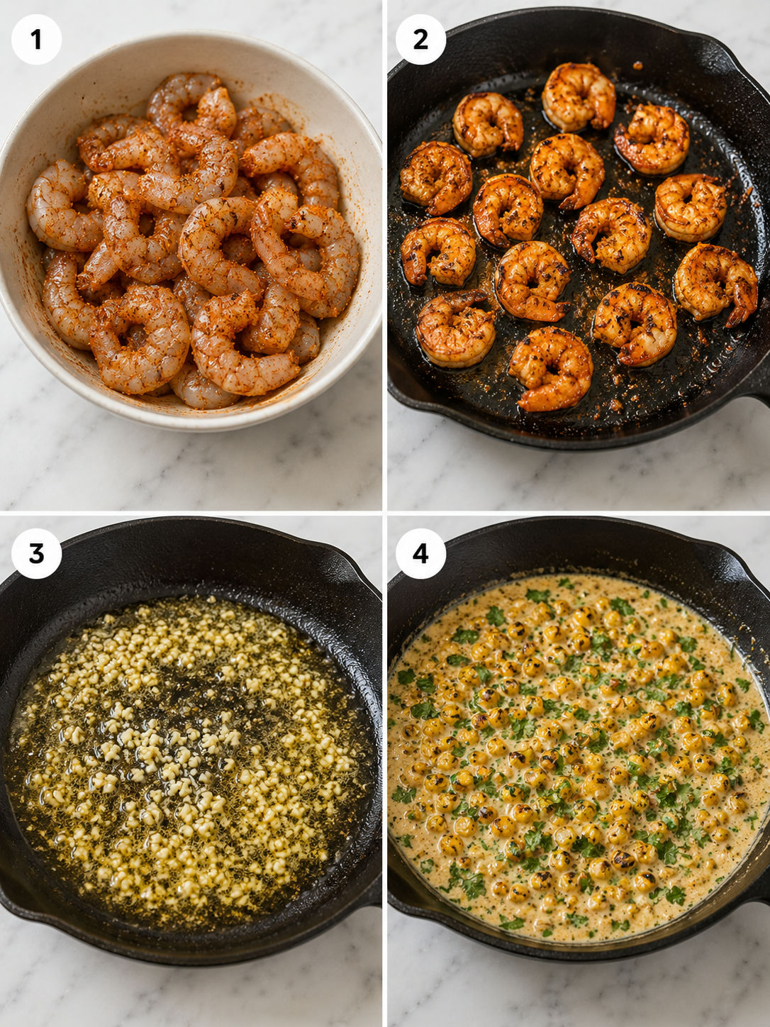 Four cooking steps for cilantro-lime shrimp with charred corn