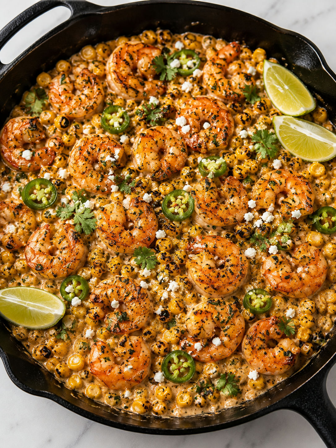 Cilantro-lime shrimp skillet with charred corn, cotija, cilantro, and lime
