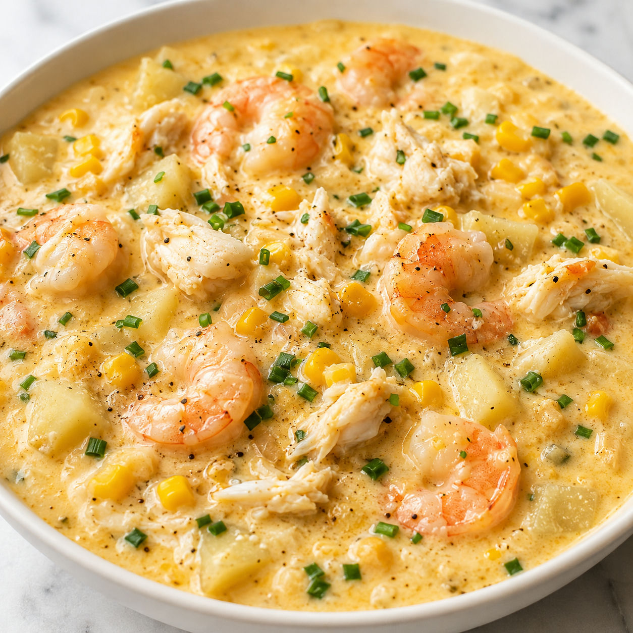 Creamy corn, crab and shrimp chowder with chives in a white bowl