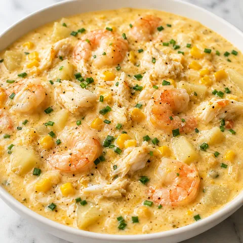 Creamy corn, crab and shrimp chowder with chives in a white bowl