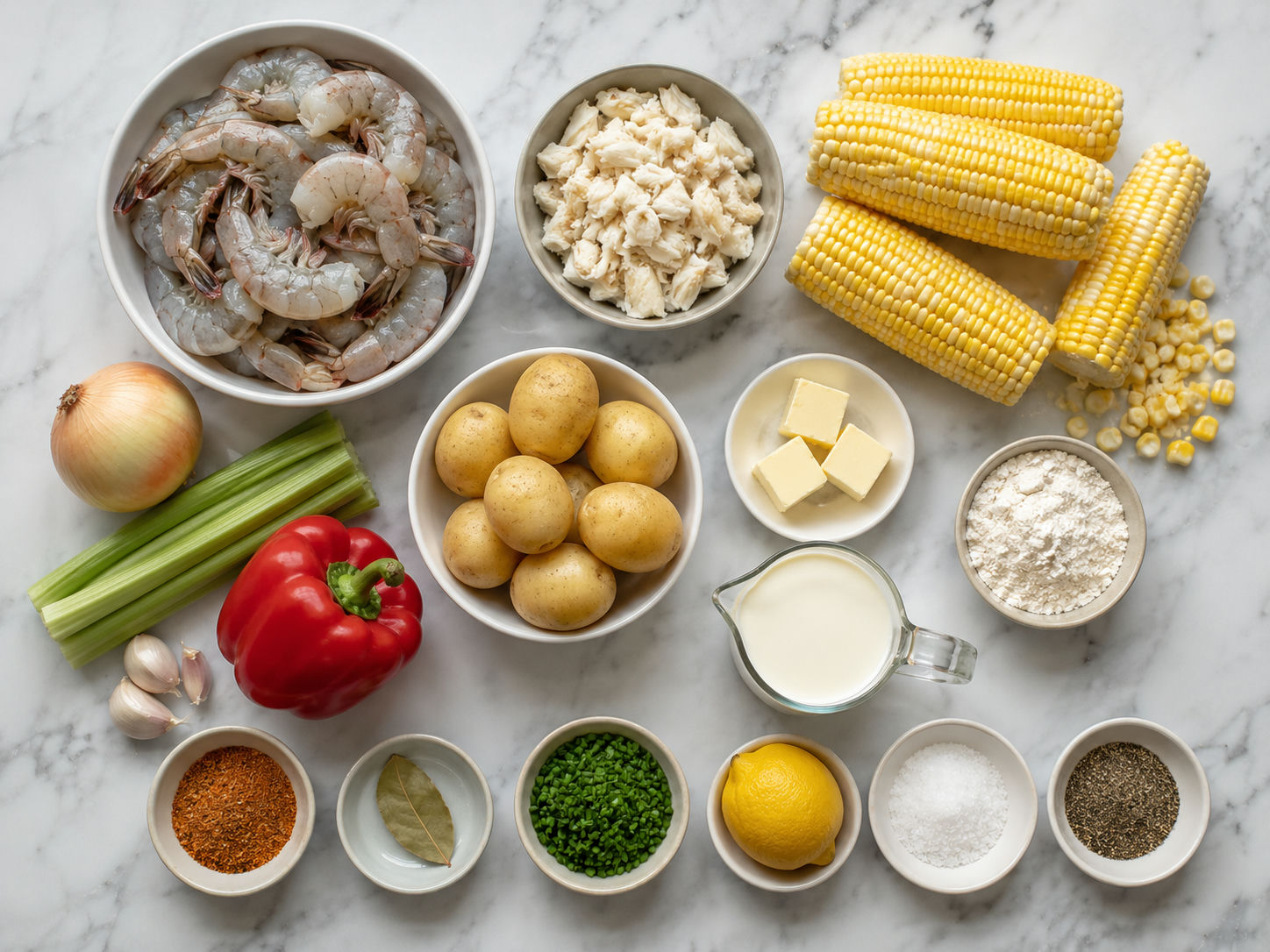Raw shrimp, crab, corn, potatoes and cream for seafood chowder