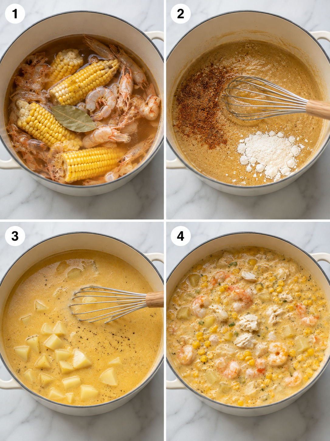 Four cooking steps for corn, crab and shrimp chowder