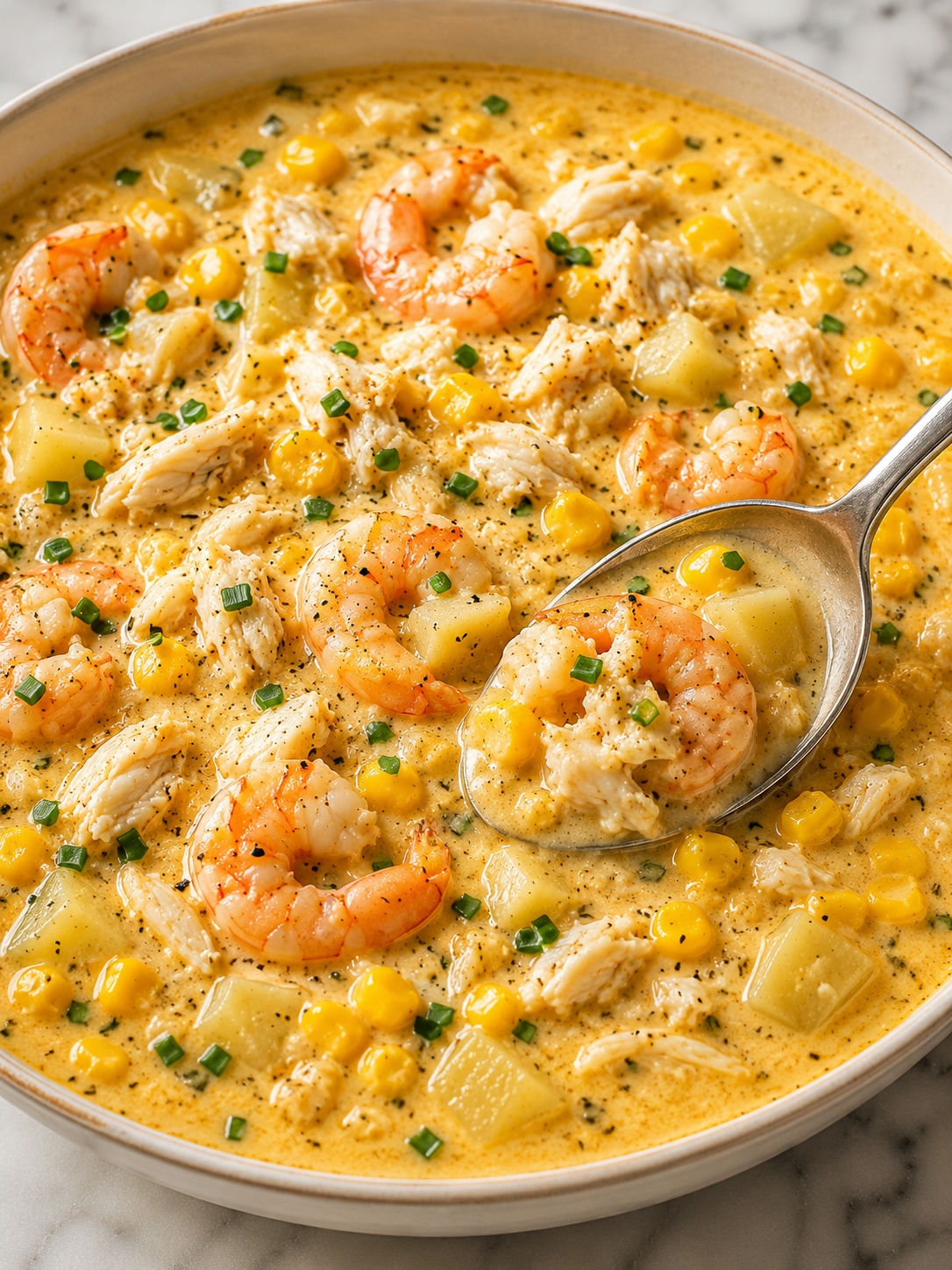 Bowl of creamy corn, crab and shrimp chowder with chives