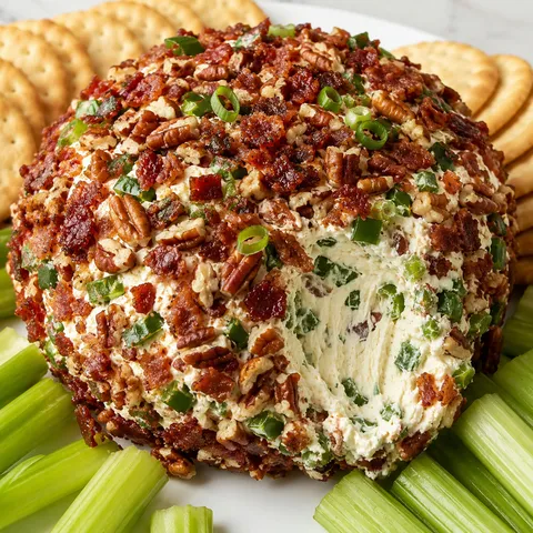 Cowboy cream cheese ball with bacon, pecans, jalapeno, and crackers