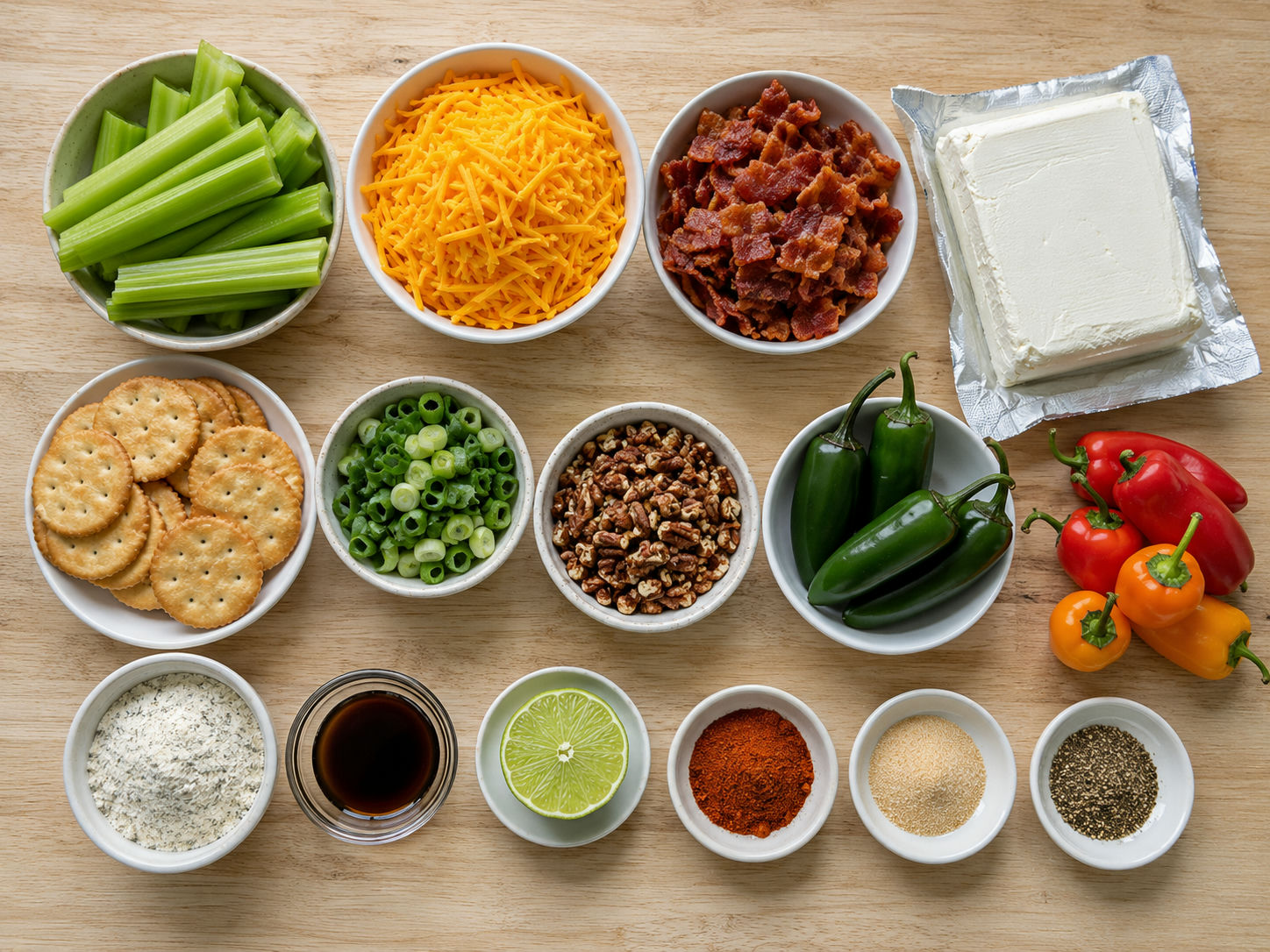 Ingredients for cowboy cream cheese ball with bacon, jalapenos, and pecans