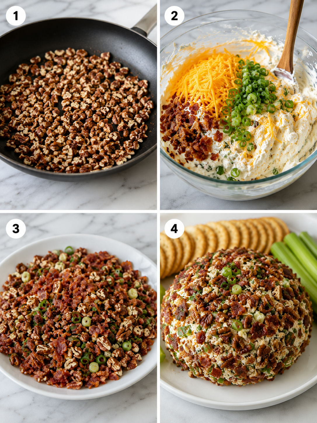 Four steps for making a cowboy cream cheese ball with bacon and pecans