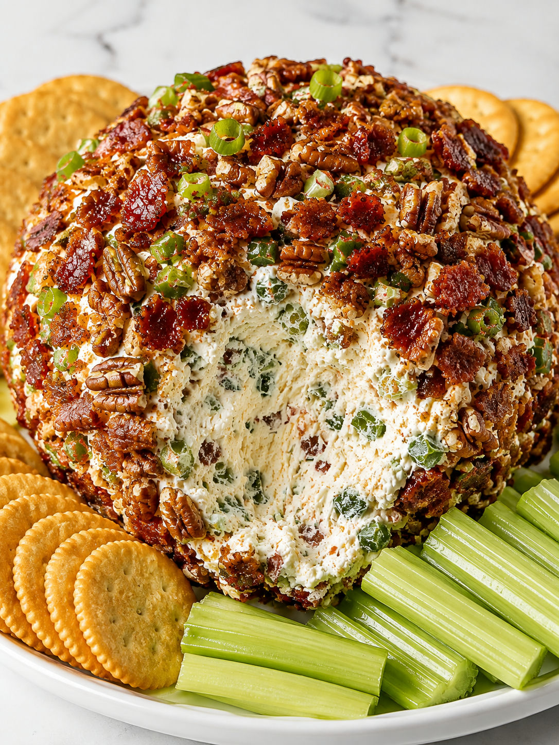 Cowboy cream cheese ball with a creamy scoop and crackers on a platter