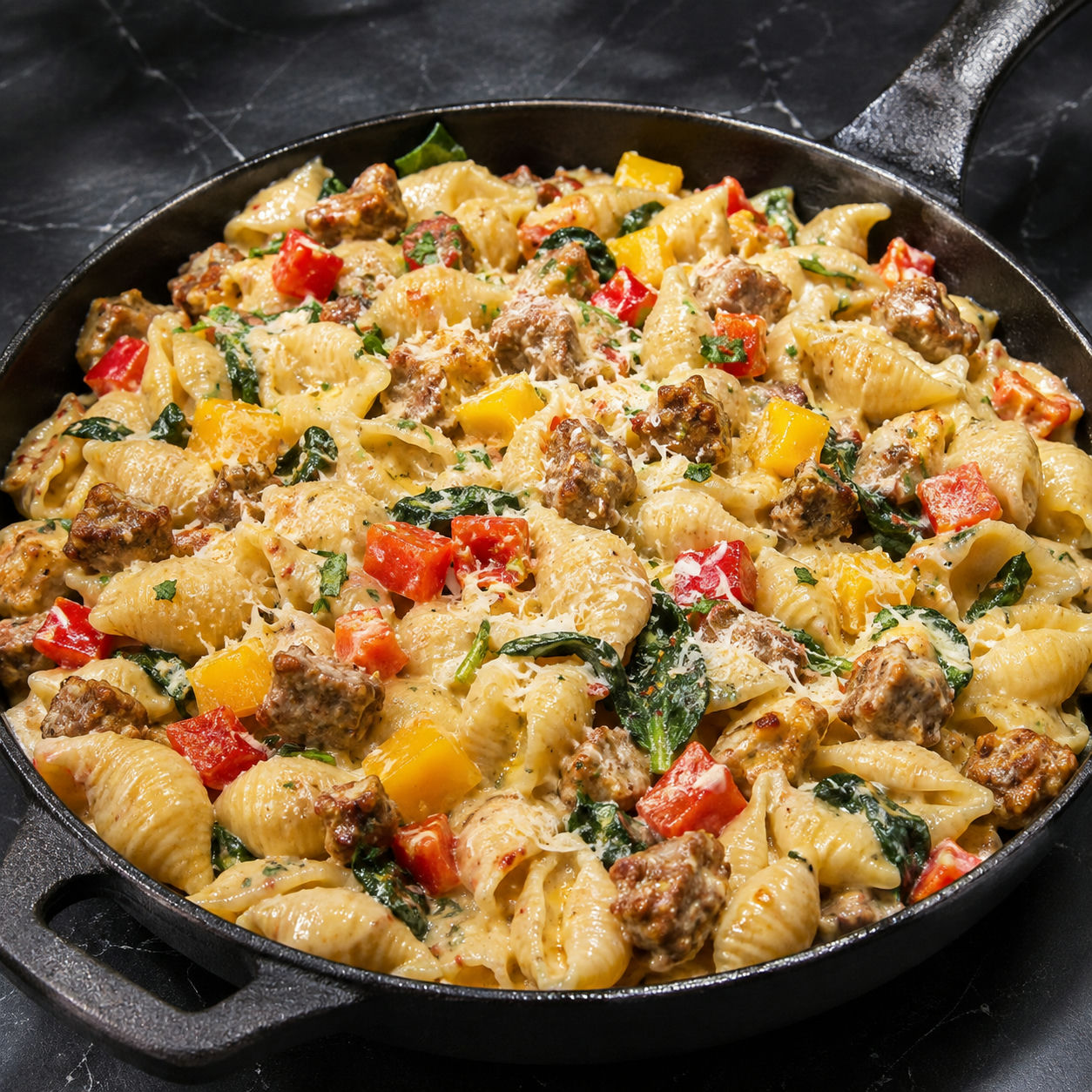 Creamy sausage and pepper shell pasta with spinach and Parmesan