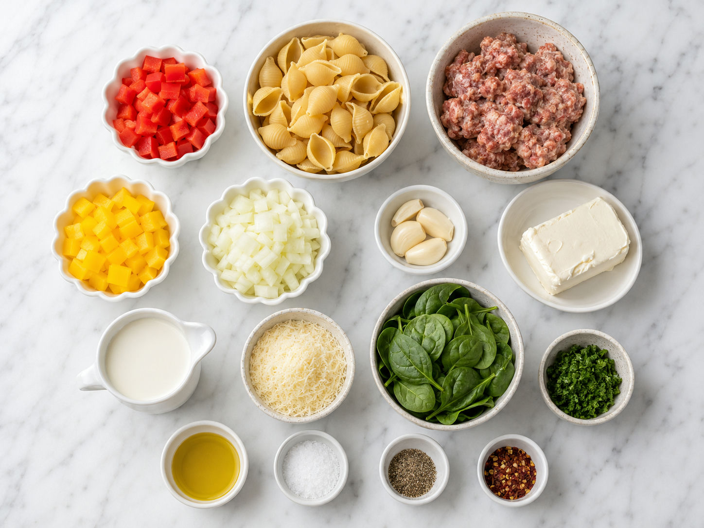 Ingredients for creamy sausage and pepper shell pasta on a wooden surface