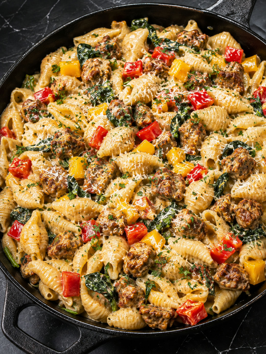 Creamy sausage and pepper shells filling a skillet with Parmesan and parsley