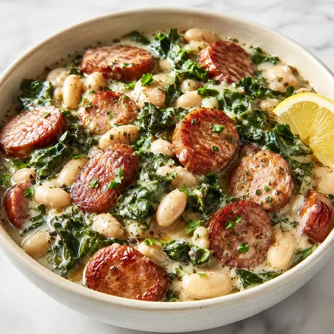 Creamy Boursin smoked sausage skillet with white beans and kale