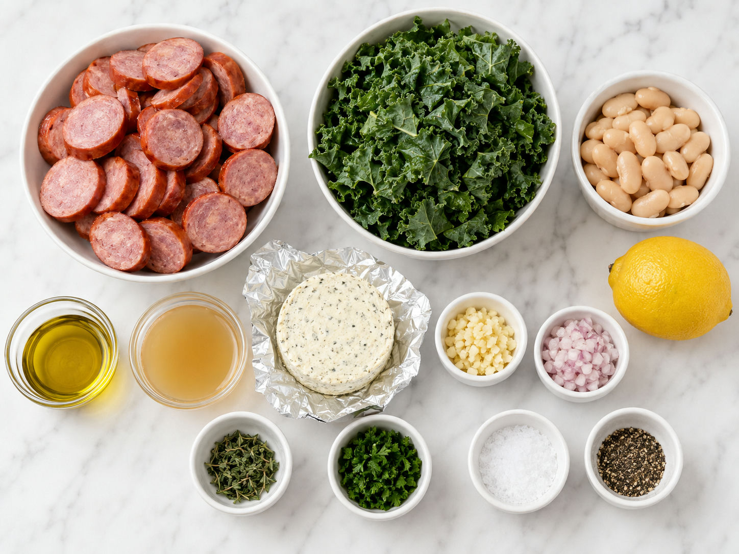 Ingredients for Boursin smoked sausage skillet with beans and kale