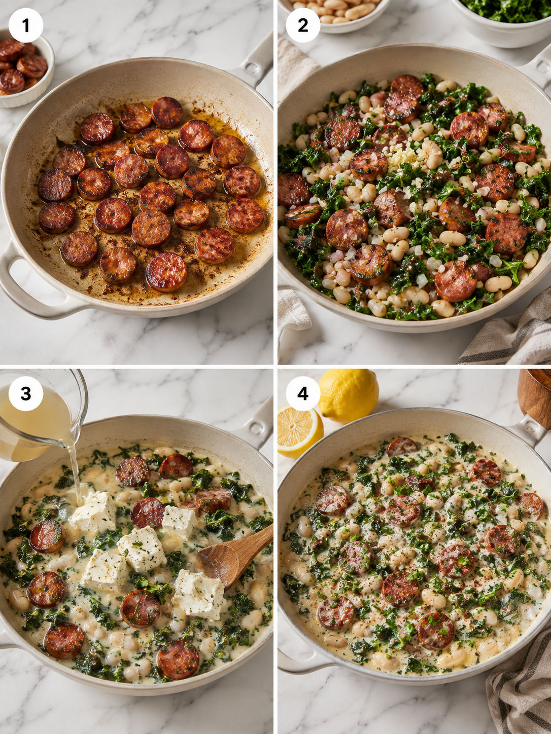 Four cooking steps for creamy smoked sausage skillet with beans