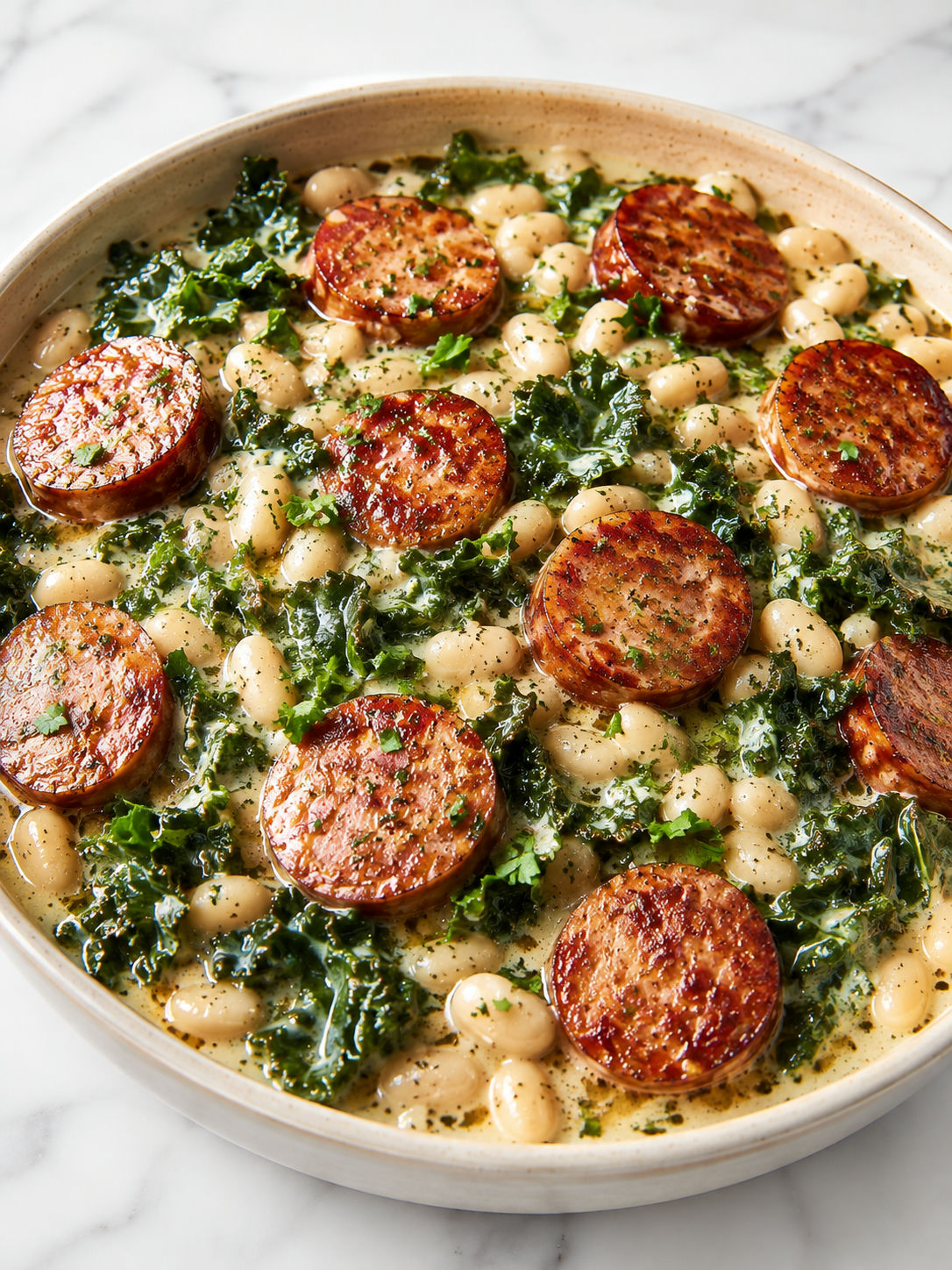 Creamy smoked sausage skillet with white beans, kale, and parsley