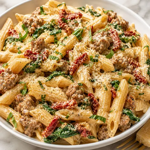 Creamy parmesan sausage penne with sun-dried tomatoes and spinach