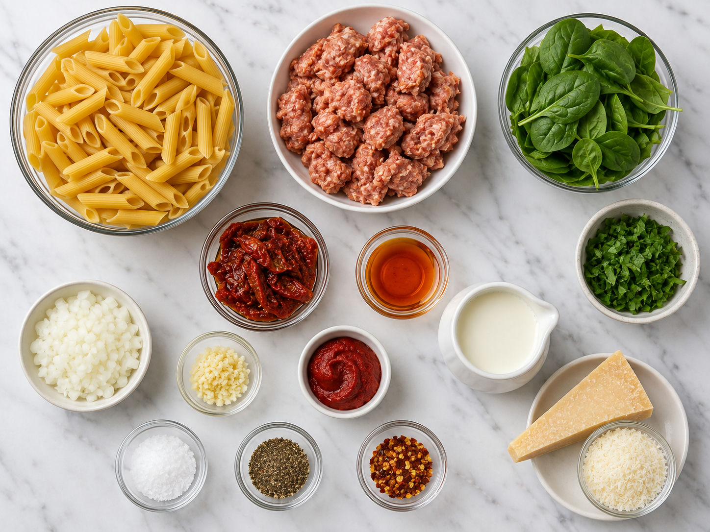 Ingredients for creamy parmesan sausage penne with sun-dried tomatoes