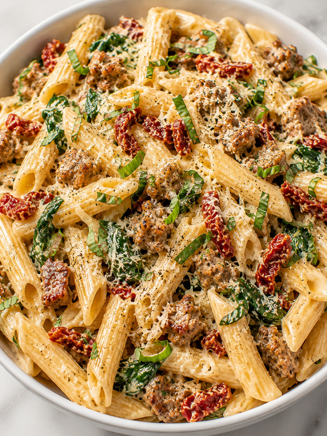 Top-down bowl of creamy sausage penne with sun-dried tomatoes and parmesan