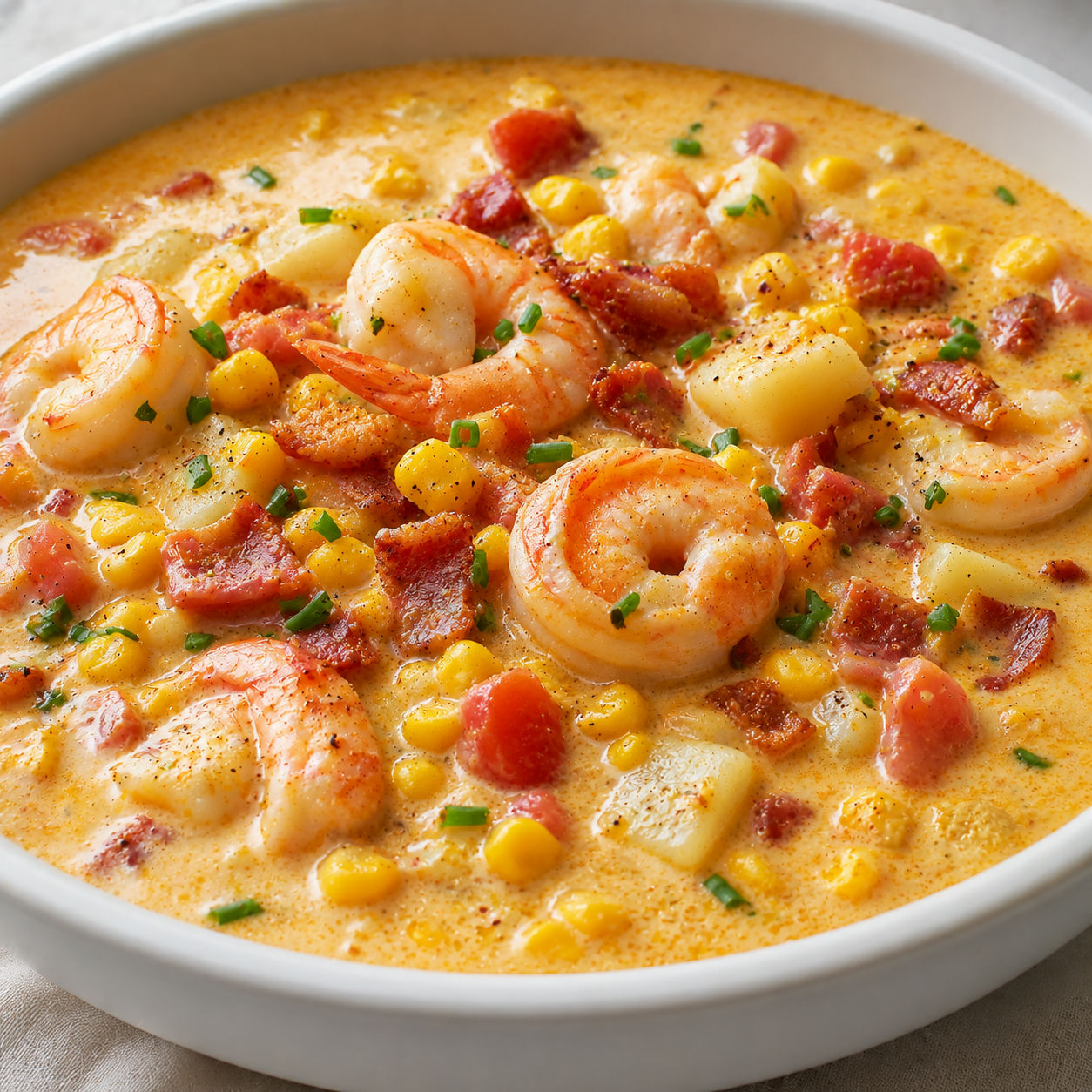 Creamy shrimp corn tomato chowder with chives and bacon in a white bowl