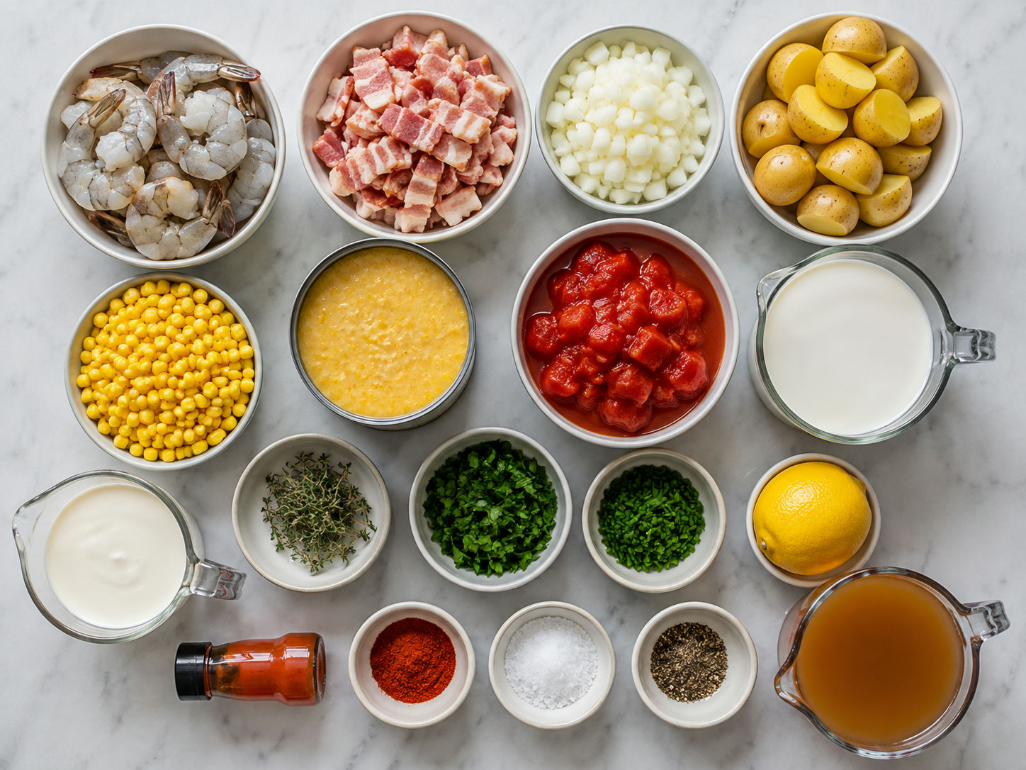 Shrimp, corn, tomatoes, potatoes, bacon, cream, herbs, and lemon for chowder