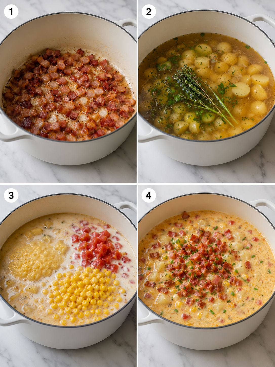 Four steps for making creamy shrimp corn tomato chowder in a Dutch oven