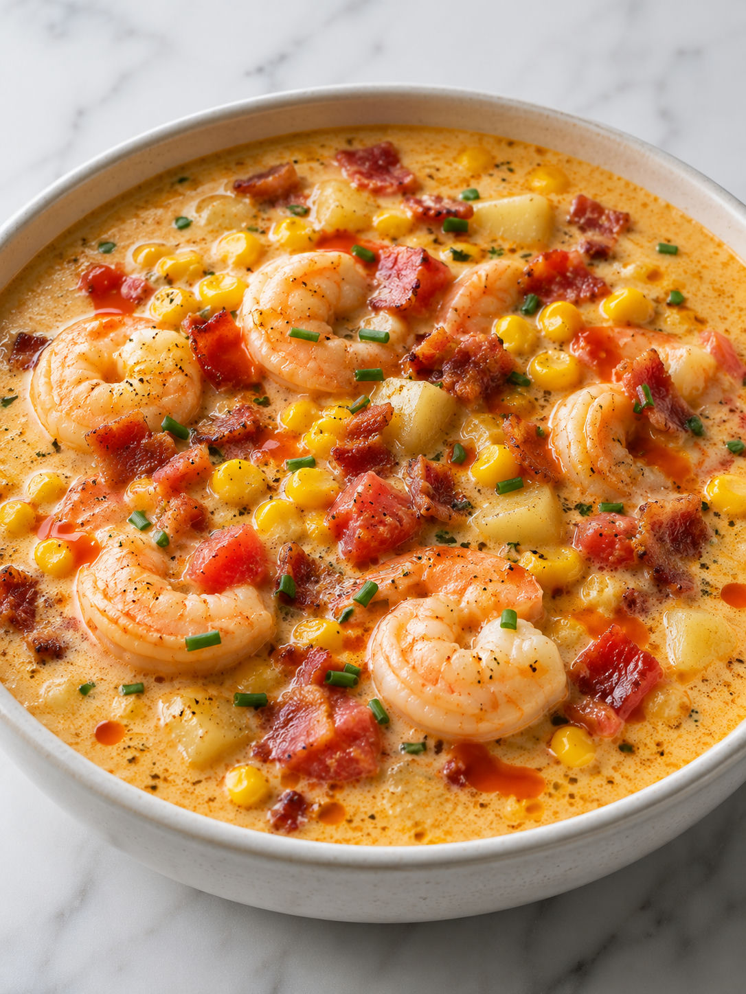 Creamy shrimp corn tomato chowder with bacon, chives, and hot sauce