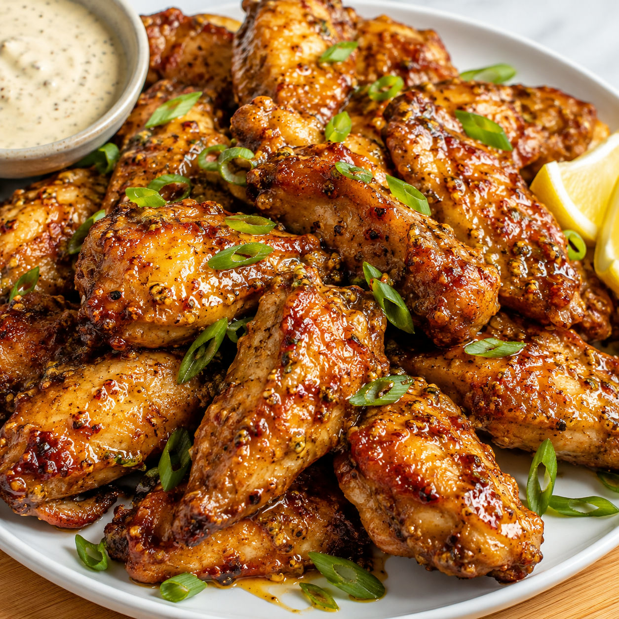Creole mustard honey wings with green onions and lemon on a white platter