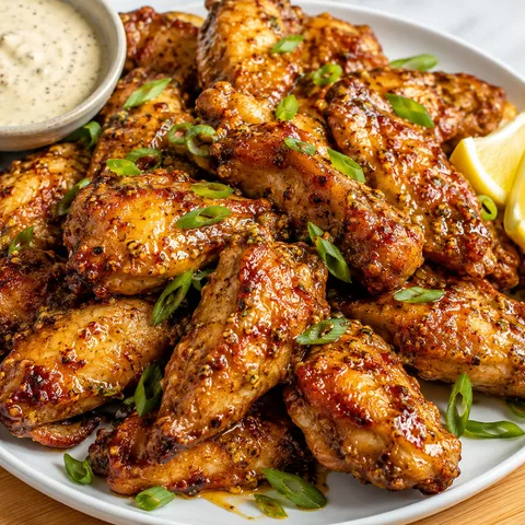 Creole mustard honey wings with green onions and lemon on a white platter