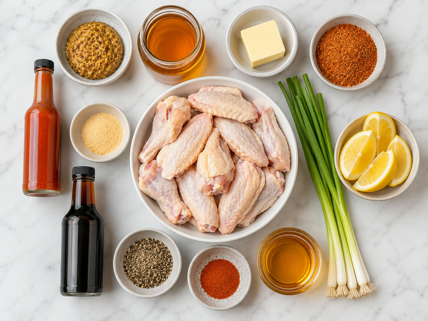 Ingredients for Creole mustard honey wings with mustard, honey, spices, and chicken
