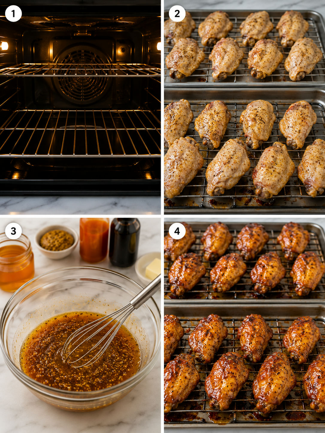Four cooking steps for Creole mustard honey wings from seasoning to glazing