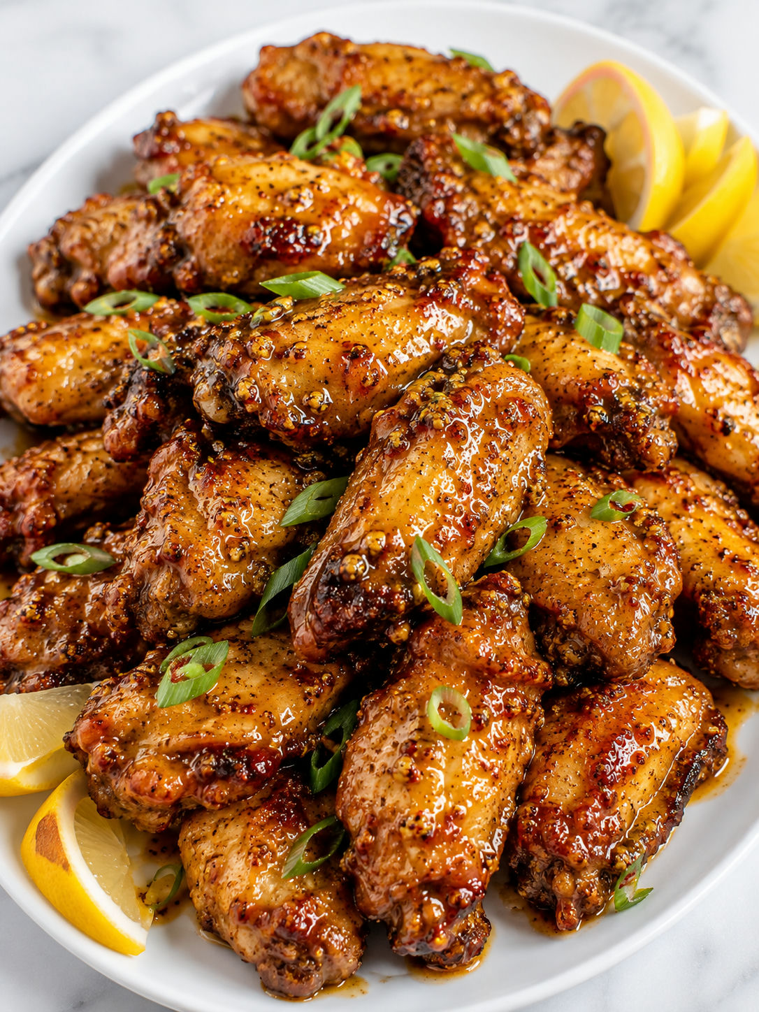 Sticky Creole mustard honey wings with green onions and lemon wedges