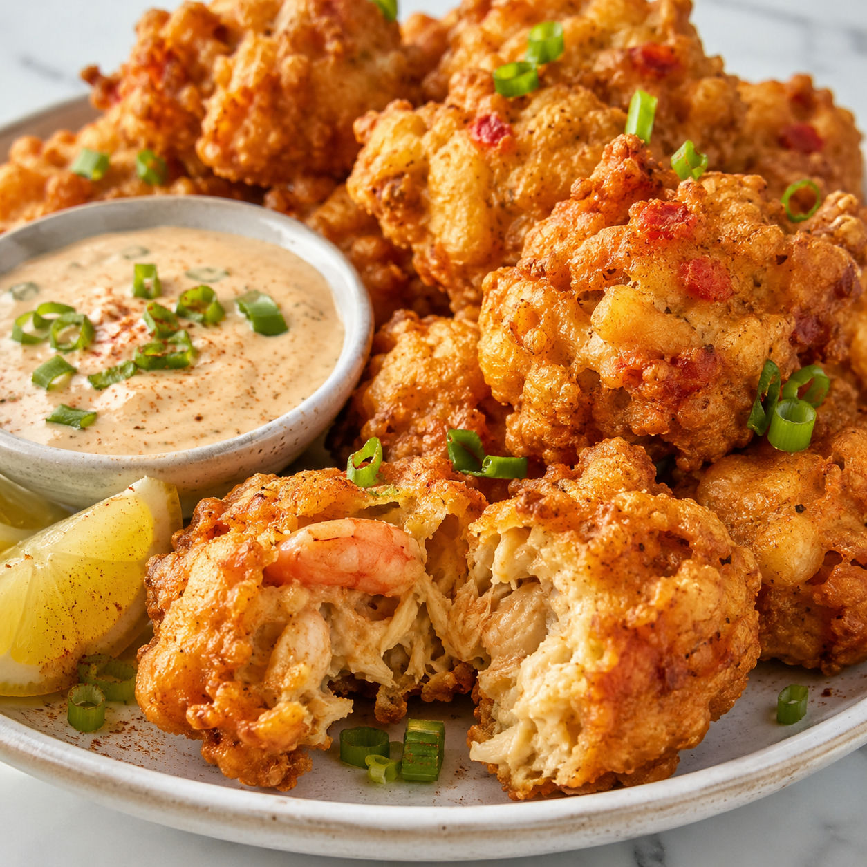 Cajun crab and shrimp beignets with remoulade and lemon
