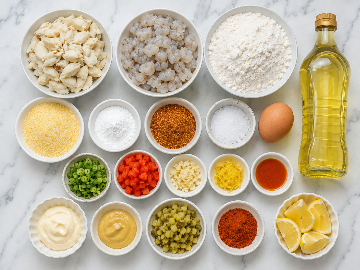 Ingredients for Cajun crab and shrimp beignets on a wood surface