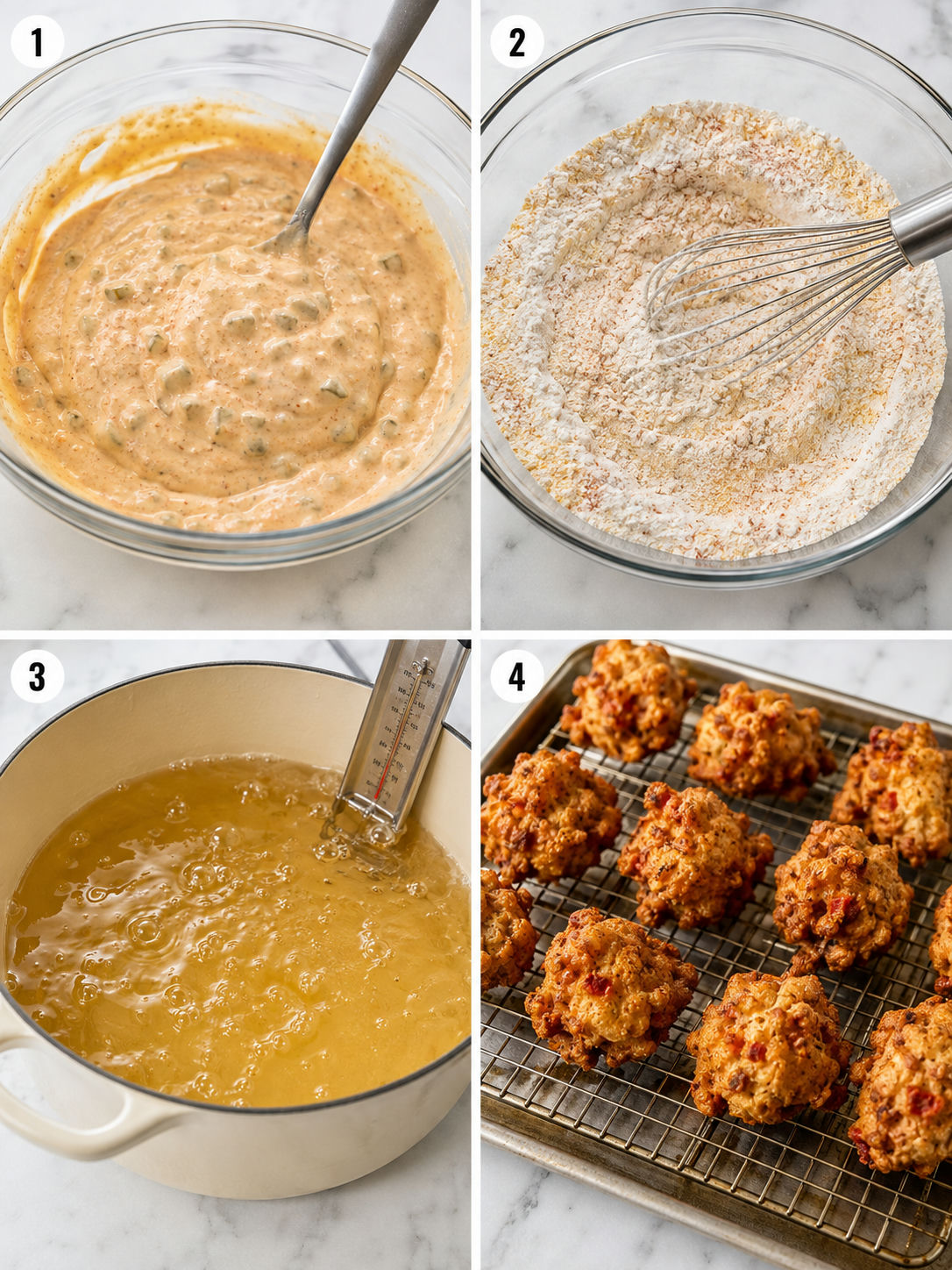 Steps for mixing and frying Cajun crab and shrimp beignets