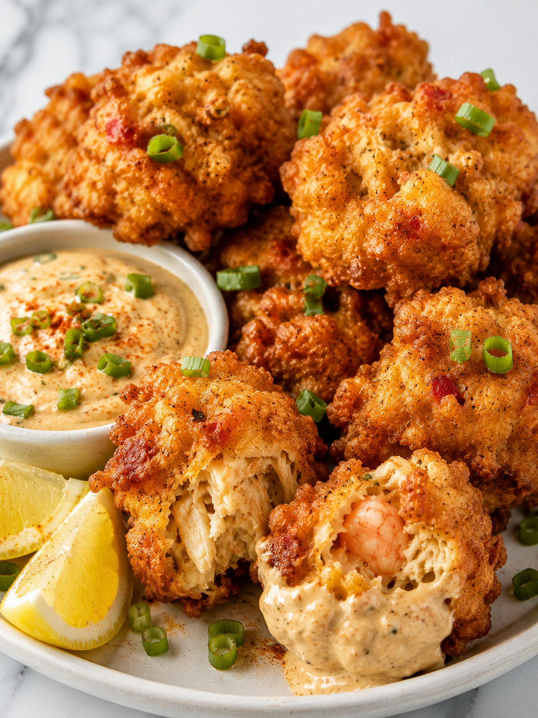 Golden Cajun crab and shrimp beignets dipped in remoulade