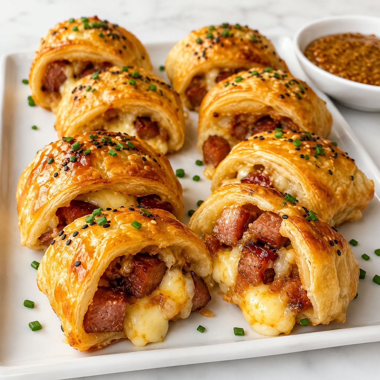 Golden sausage puff-pastry bites with melted cheese curds and chives