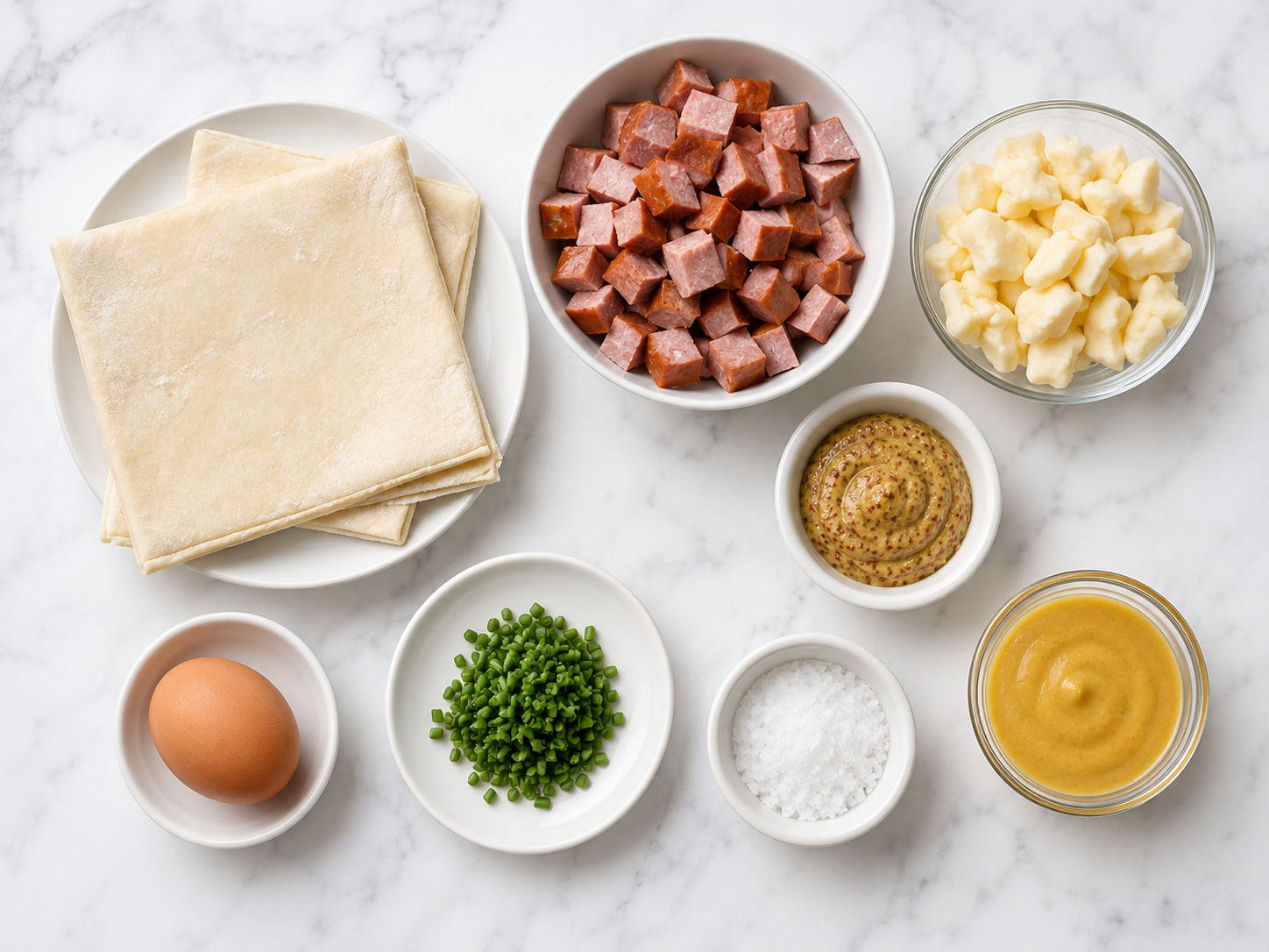 Puff pastry, sausage, cheese curds, mustard, egg, chives, and flaky salt