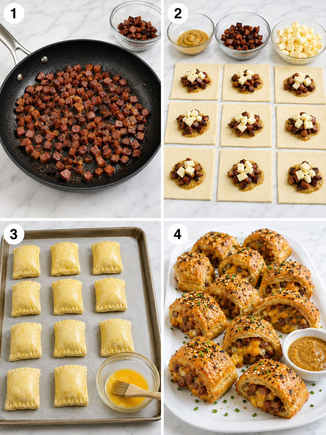 Four steps for making sausage cheese-curd puff-pastry bites
