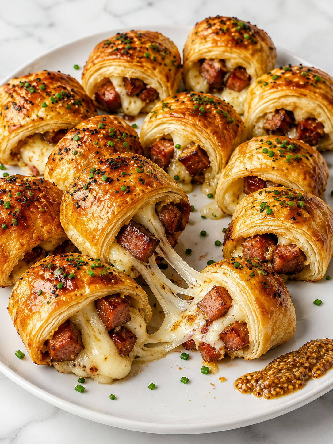 Crispy sausage puff-pastry bites with melted cheese curds and chives