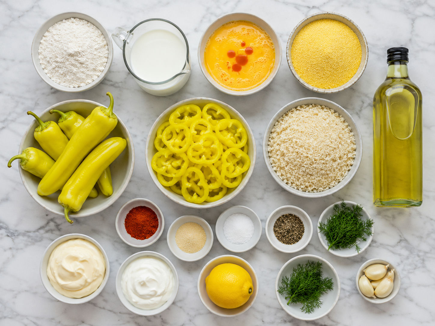 Fresh banana peppers with breading ingredients and smoky ranch dip items