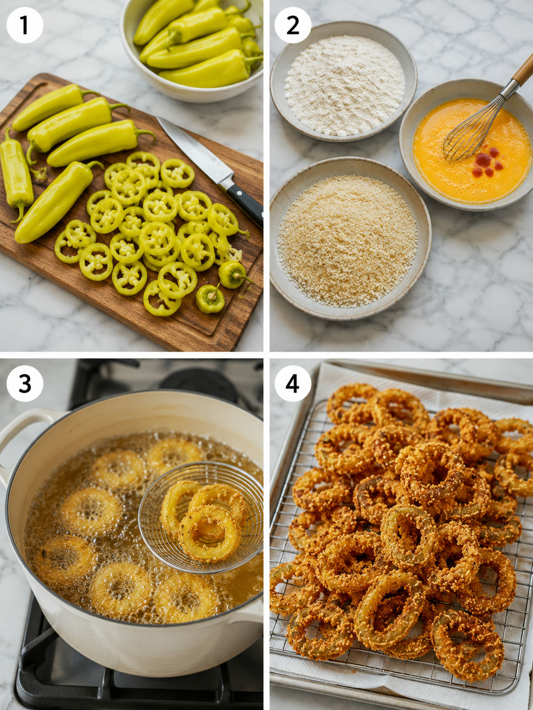 Four steps for slicing, breading, frying, and salting banana peppers