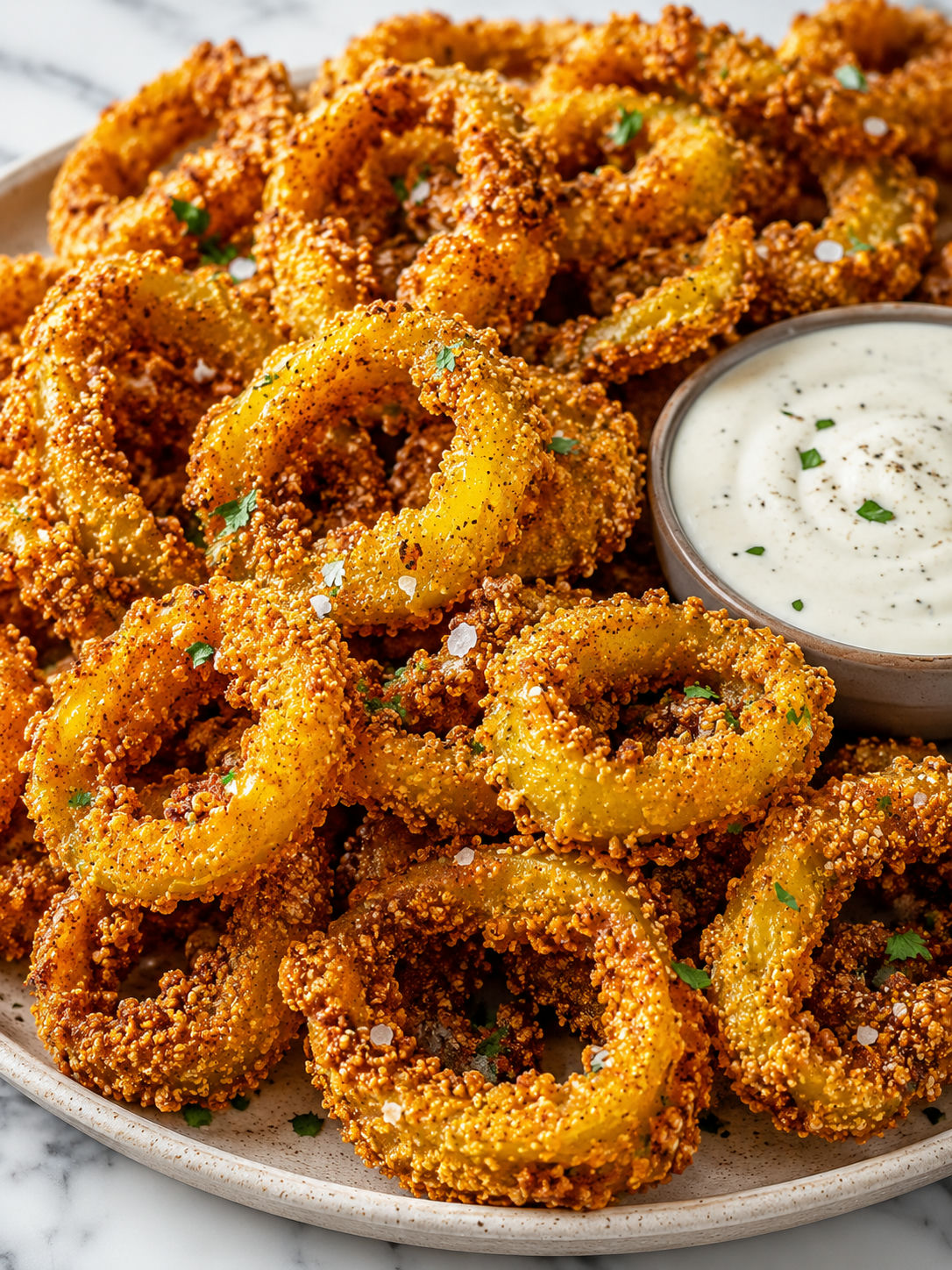 Golden fried banana pepper rings piled around smoky ranch dip