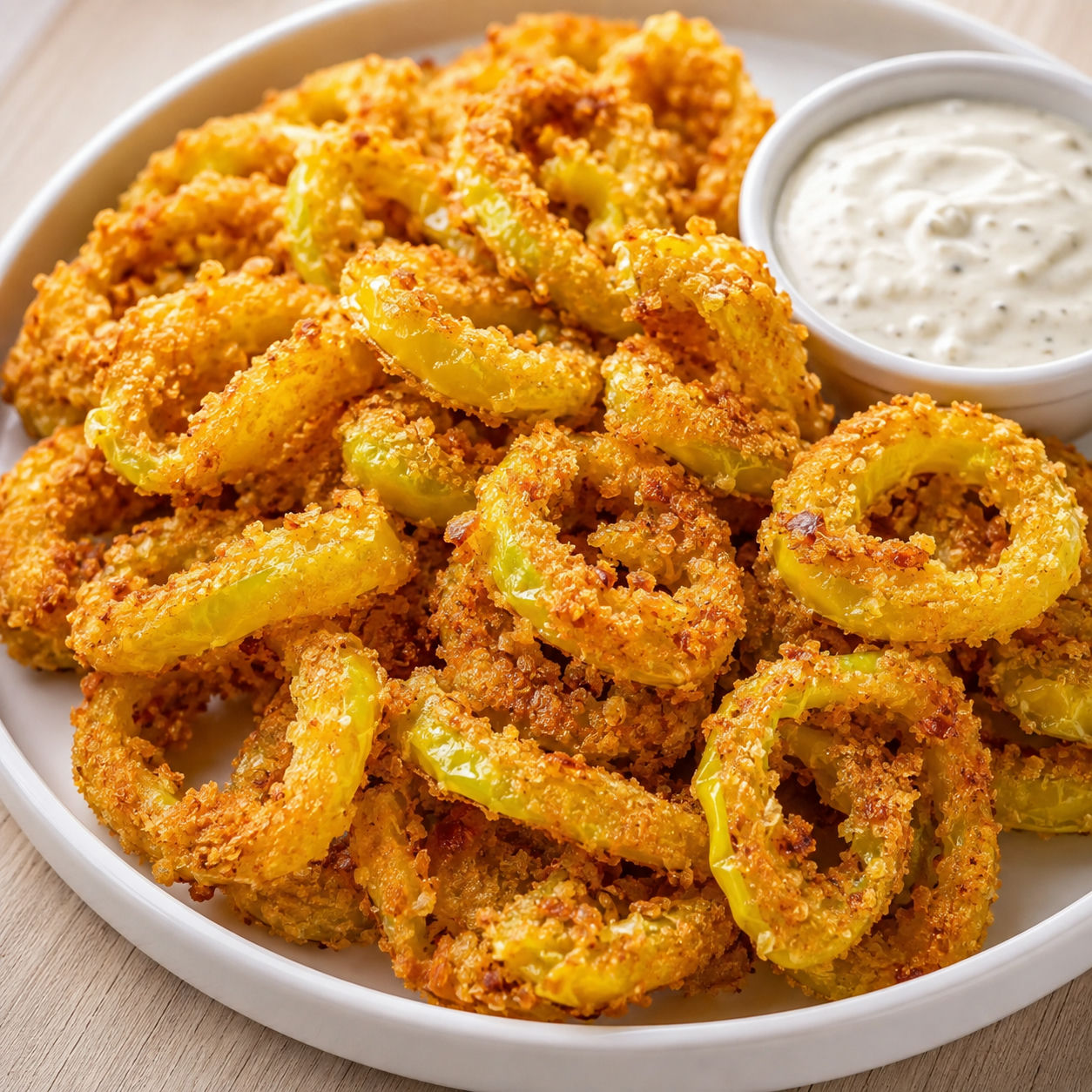 Crispy fried banana pepper rings with ranch in a white bowl
