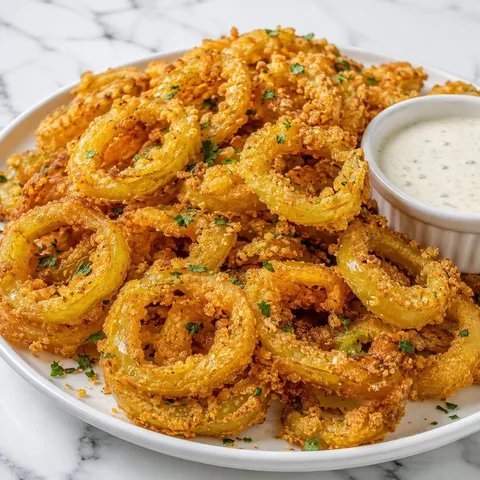 Crispy fried banana pepper rings with ranch in a white bowl