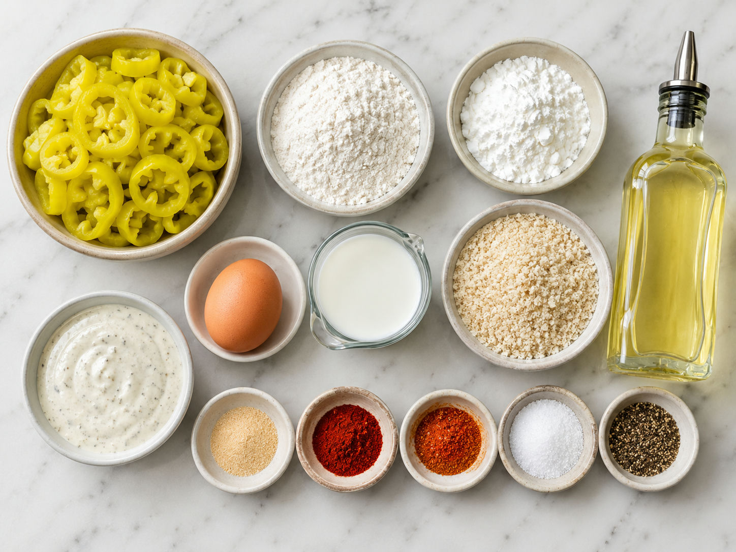 Ingredients for crispy fried banana peppers with crumbs and buttermilk