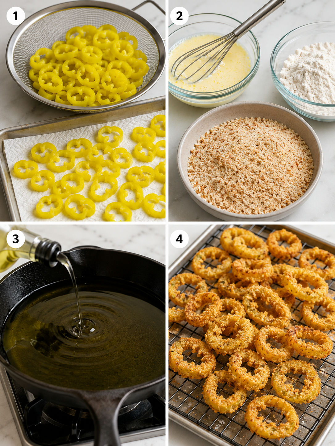 Four steps for breading and frying banana pepper rings