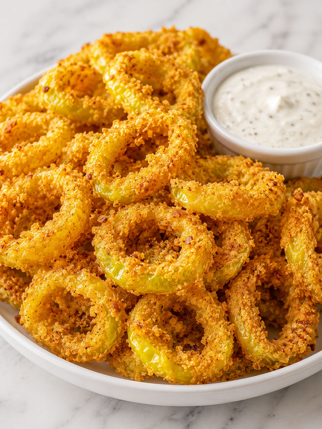Golden fried banana pepper rings stacked with creamy ranch dip