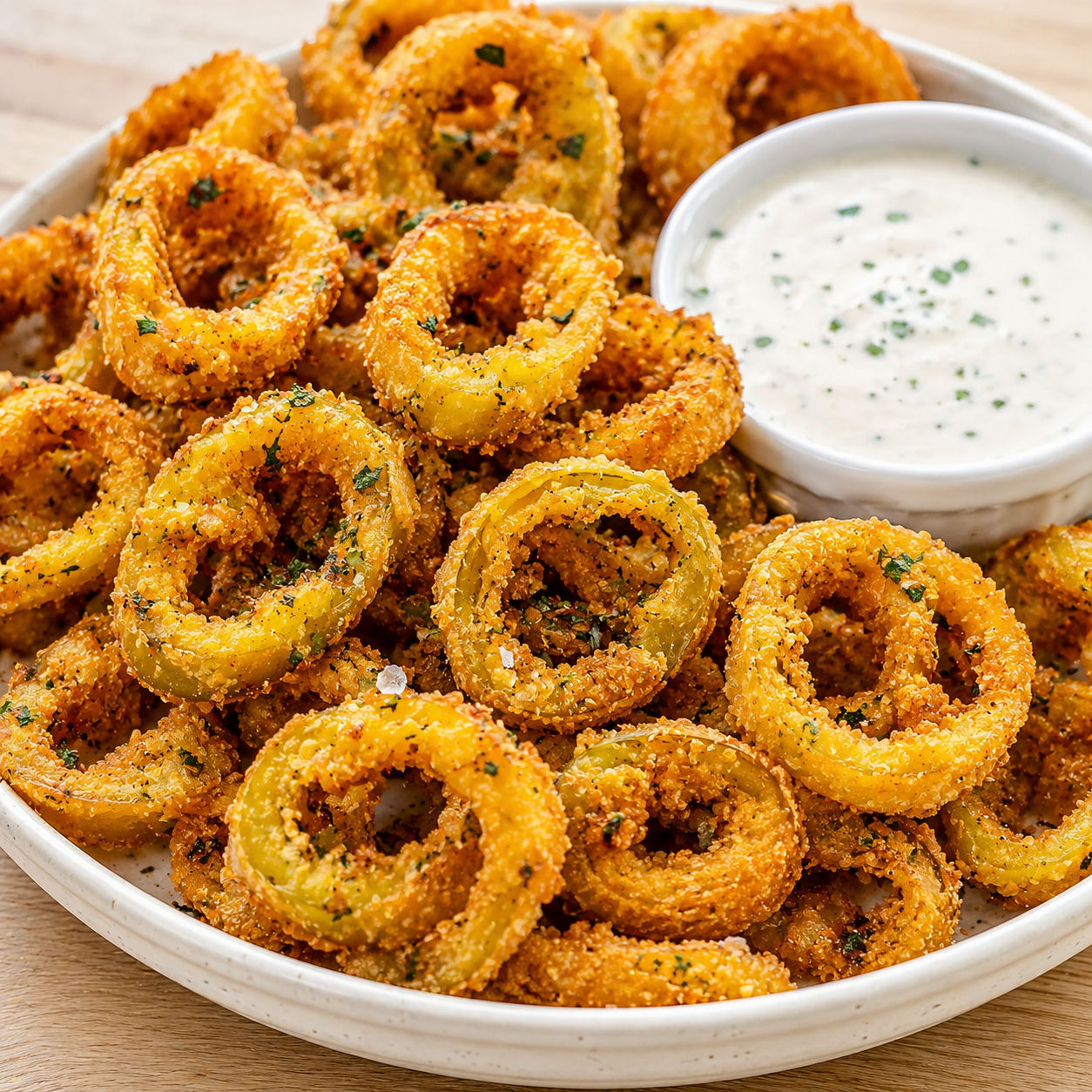 Crispy fried banana pepper rings with creamy ranch dip